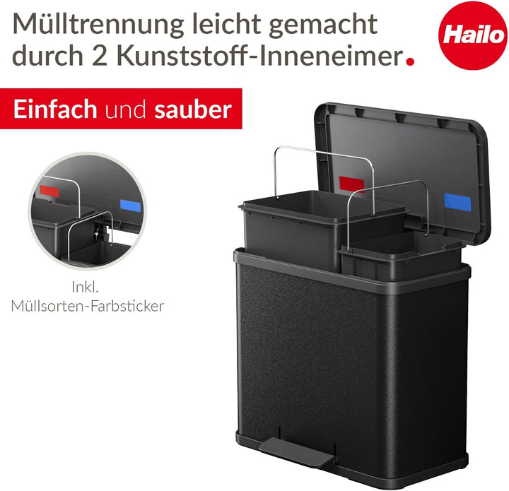 Hailo Öko duo Plus L Tret-Mülltrenner - freistehender 17+9 Liter Doppelmülleimer aus Stahlblech - Mü