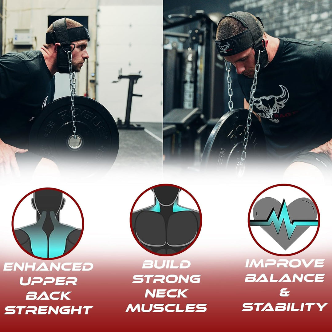 BEAST RAGE Kopfgeschirr, Halstauchen, strapazierfähig, lange Stahlkette, verstellbar, Fitness-Halsge