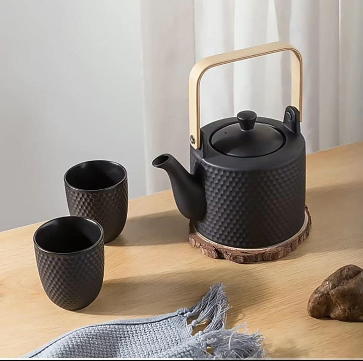 Japanisches Teeservice Keramik Schwarz, Vintage Porzellan Teeset mit Sieb, 900ML Porzellan Teekanne