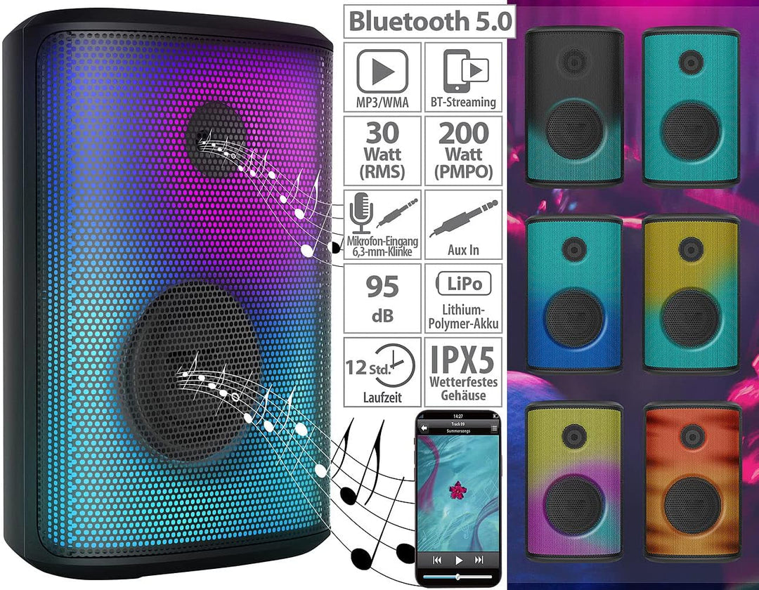 auvisio Partybox: Mobile Outdoor-PA-Partyanlage & -Bluetooth-Boombox, Lichteffekte, 200W (Karaoke Bo