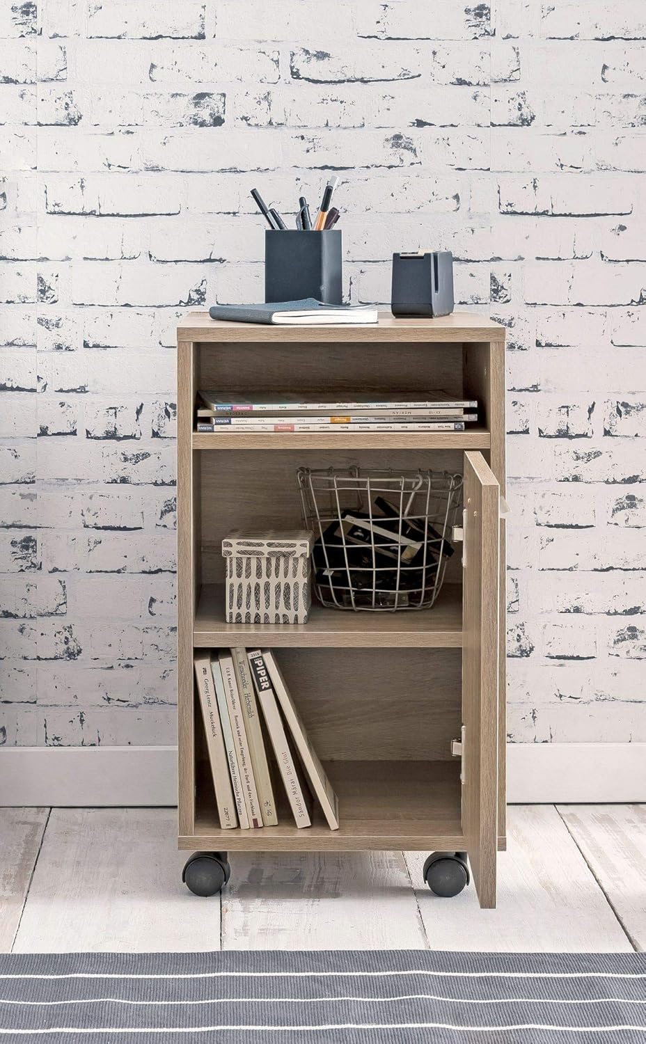 KADIMA DESIGN Rollcontainer OSSOLA: Weiss/Sonoma, 2 Türfächer, Ablagefach, Rollen mit Bremsen, Melam