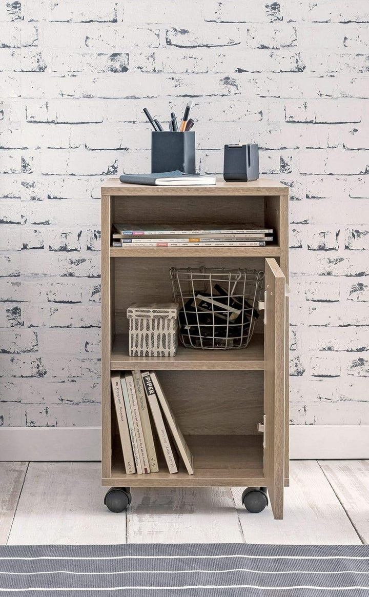 KADIMA DESIGN Rollcontainer OSSOLA: Weiss/Sonoma, 2 Türfächer, Ablagefach, Rollen mit Bremsen, Melam