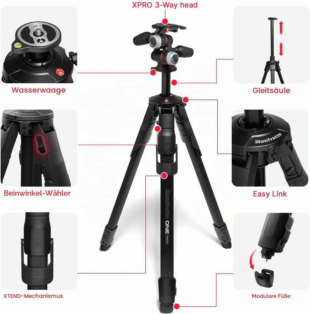 Manfrotto ONE Photo, Aluminium‑Stativ‑Kit mit XPRO 3‑Wege‑Kopf, 12 kg Tragkraft, 90° Horizontalsäule