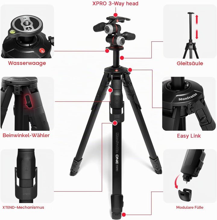 Manfrotto ONE Photo, Aluminium‑Stativ‑Kit mit XPRO 3‑Wege‑Kopf, 12 kg Tragkraft, 90° Horizontalsäule