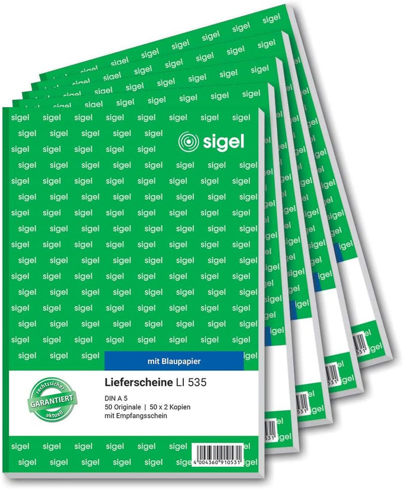 SIGEL LI535/5 Lieferscheine mit Empfangsschein, A5, 3x50 Blatt, 5er Pack 5 Stück A5, 3x50 Blatt, 5 S