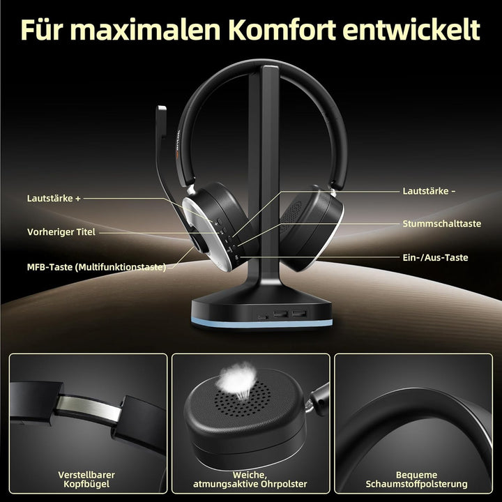 Wantek Kabelloses Headset mit Mikrofon, Bluetooth Headset mit Ladestation, Wireless Kabelloses Headp