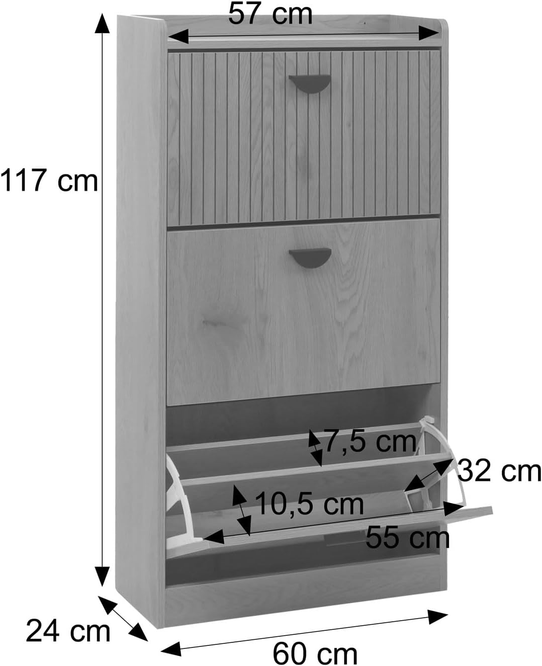 Mendler Schuhschrank HWC-O39, Schuhkipper Schuhregal 3 Klappen Klappfächer MDF Melamin Metall 117x60