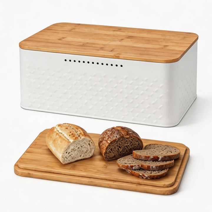 Brotkasten Metall mit Bambusdeckel als Schneidebrett Brotbox Küche | Hochwertige Brotdose mit Bambus