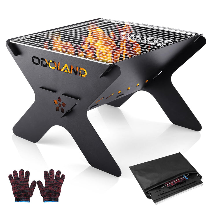 Odoland Camping-Feuerstelle, tragbare Feuerstelle für Camping, 2 in 1 Holzfeuergrill mit Abnehmbarer