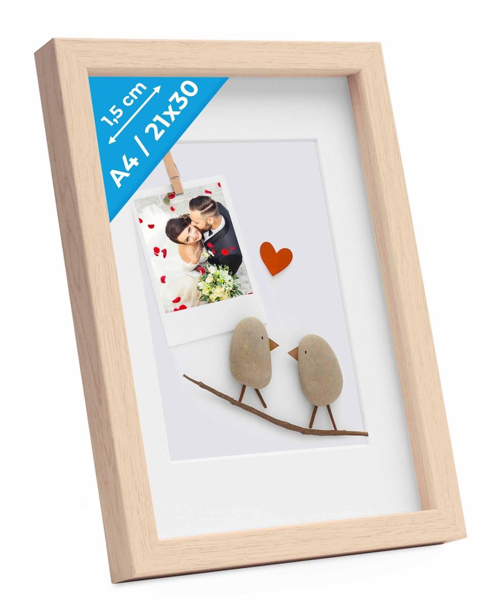 PHOTOLINI 3D Bilderrahmen zum Befüllen 21x30 A4 Natur, 1,5 cm tiefer Objektrahmen mit Glas, tiefer B