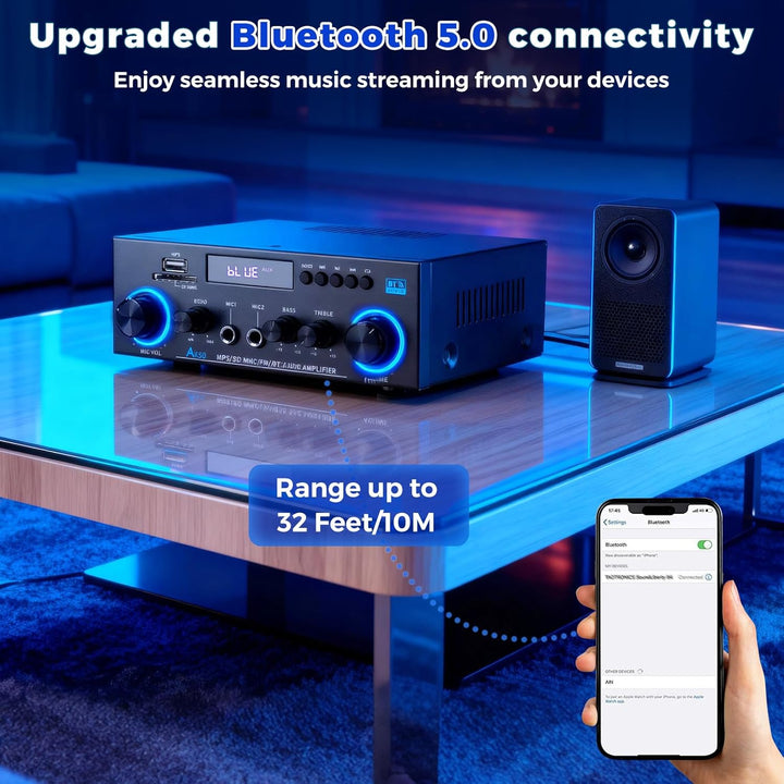 HiFi-Verstärker, Mini Bluetooth Stereo Audio Verstärker Receiver 12V/ 220V 800W 2 Kanäle Endverstärk