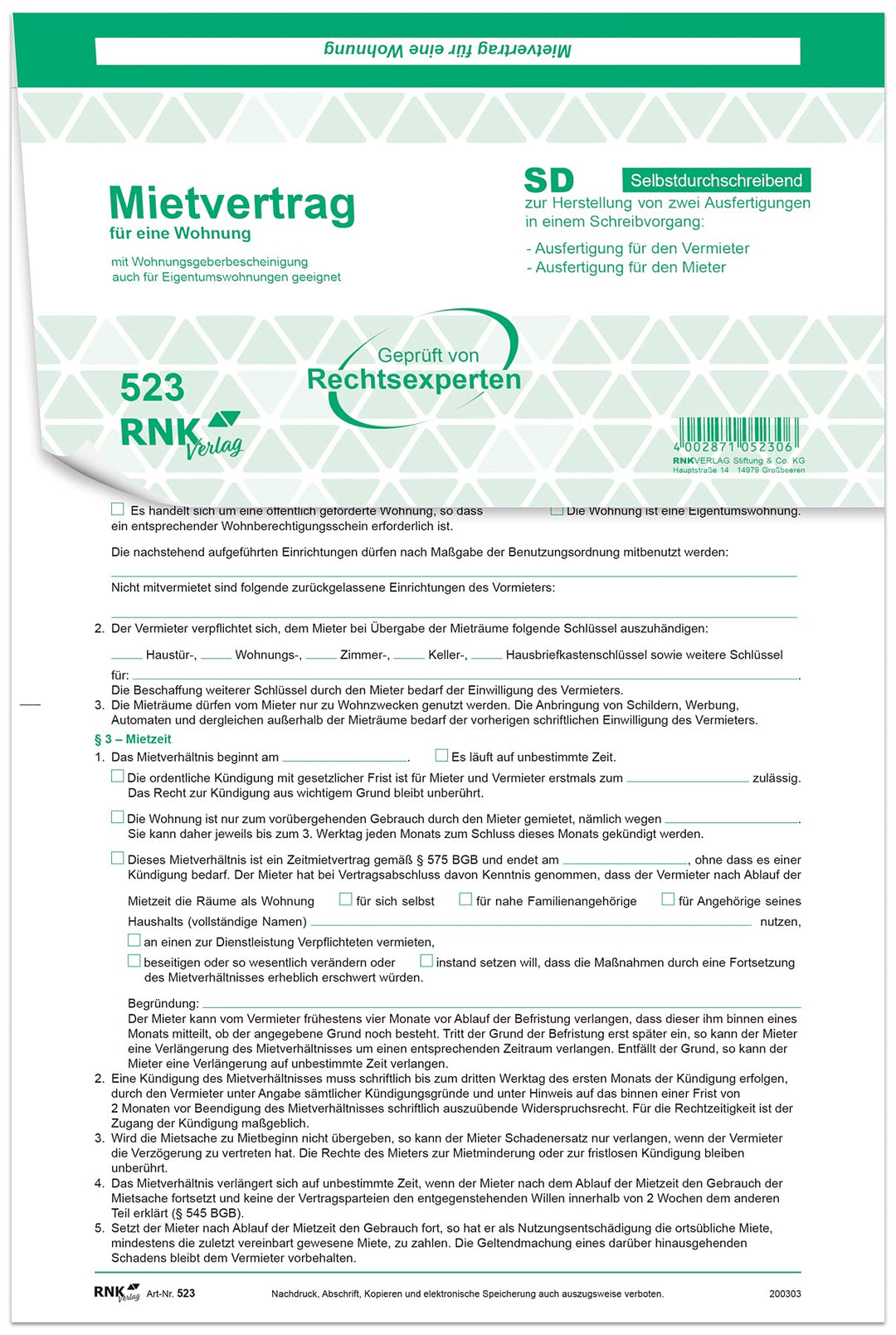 RNK 523/10 - Universal-Mietvertrag für Wohnungen, selbstdurchschreibend, 3 x 2 Blatt, DIN A4, 10 Ver
