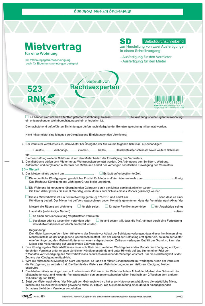 RNK 523/10 - Universal-Mietvertrag für Wohnungen, selbstdurchschreibend, 3 x 2 Blatt, DIN A4, 10 Ver