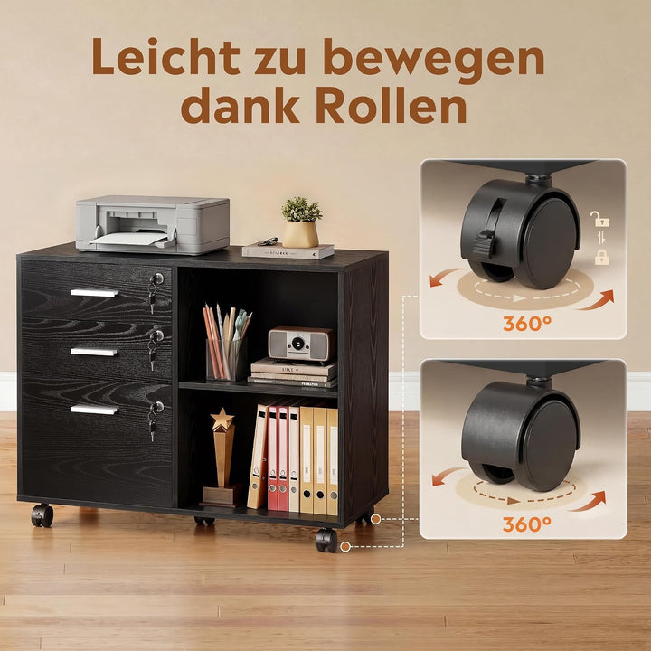 DEVAISE Rollcontainer mit 3 Schubladen und offenen Ablagen, Mobiler Aktenschrank mit Rollen, Drucker