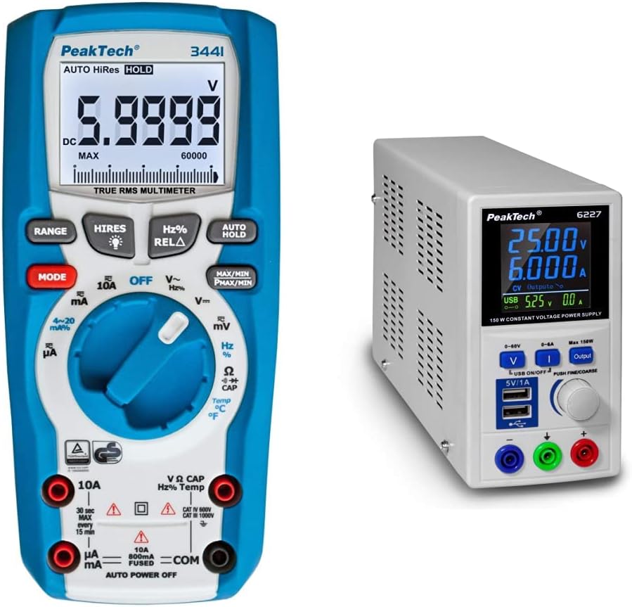 PeakTech 3441 – True RMS Digital Multimeter - CAT III 1000 V, Blau & P 6227 – DC Labor Netzteil 0-60
