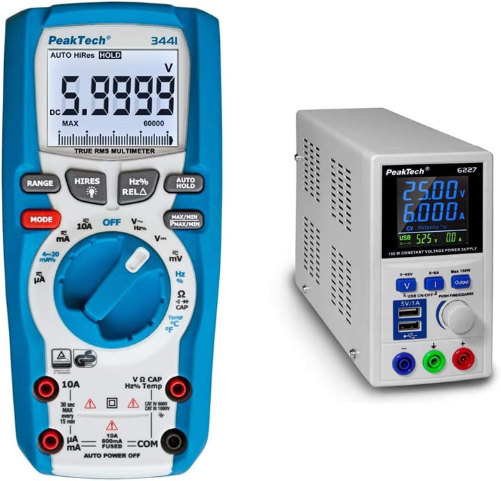 PeakTech 3441 – True RMS Digital Multimeter - CAT III 1000 V, Blau & P 6227 – DC Labor Netzteil 0-60