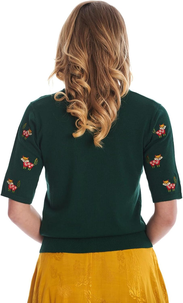 Banned Scandi Strickpullover Holiday Cheer Retro Festlicher Fuchs Weihnachtsbaum L Grün, L Grün