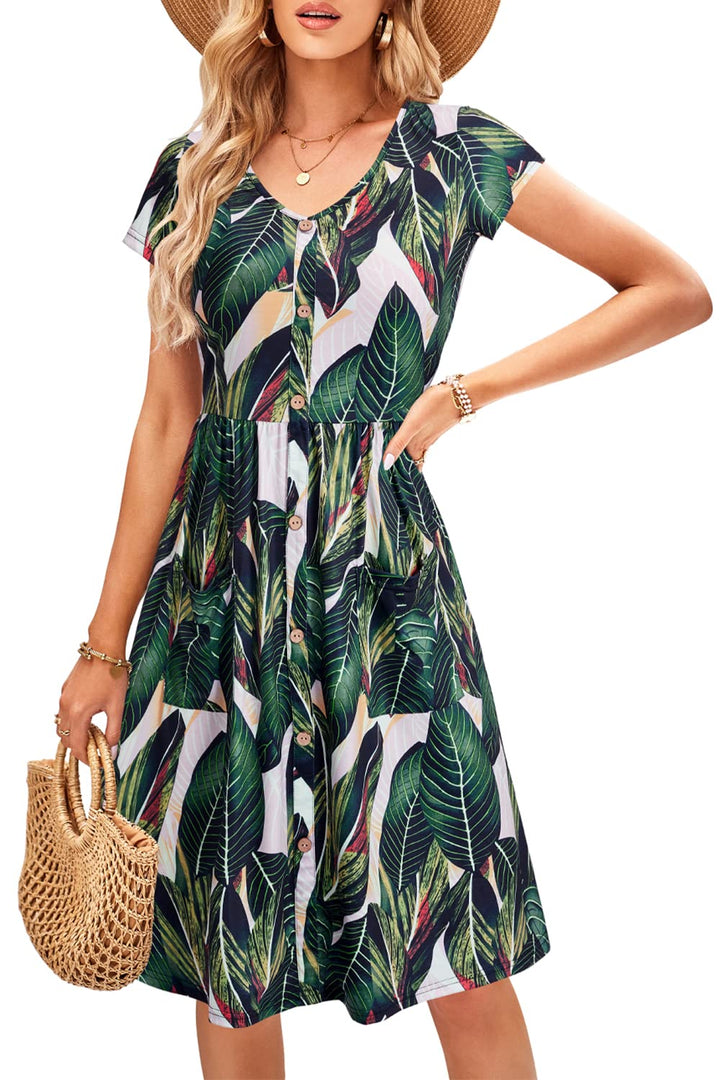 OUGES Sommerkleid Damen Casual Kleid V-Ausschnitt Midi Kleider Knopfleiste Freizeitkleid mit Taschen