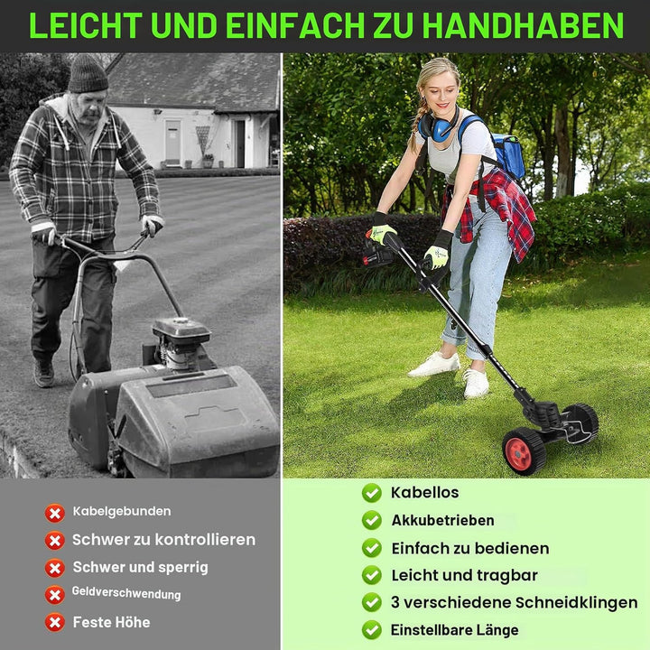 Rasentrimmer mit Akku 21V, Elektrischer Rasentrimmer mit 3 Messertypen, Freischneider akku, 2x2000mA