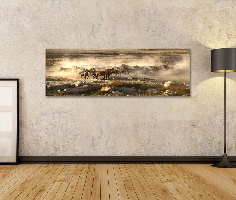 islandburner Bild auf Leinwand Wildpferde Herde Staub Bilder Wandbilder Poster Leinwand 120x40cm - P