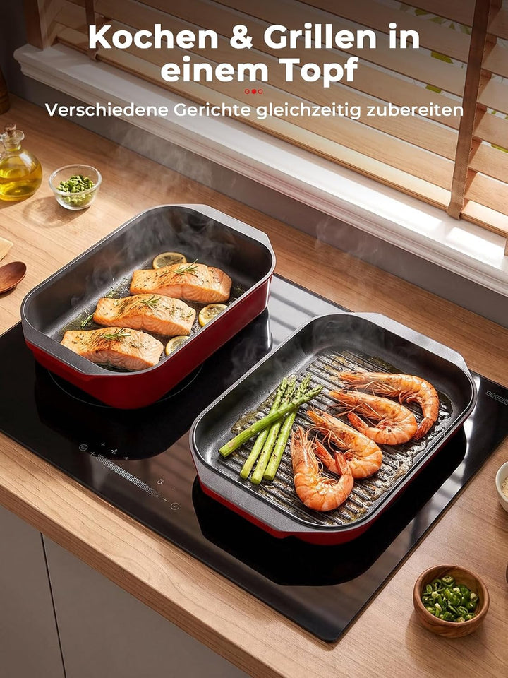 FOHERE Bräter mit Deckel Induktion 2 in 1 8,3L Rot