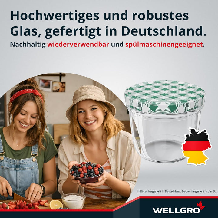 WELLGRO 50x Einmachgläser mit Schraubdeckel - 230 ml, 8,5 x 6,5 cm (ØxH), Glas/Metall, grün karierte