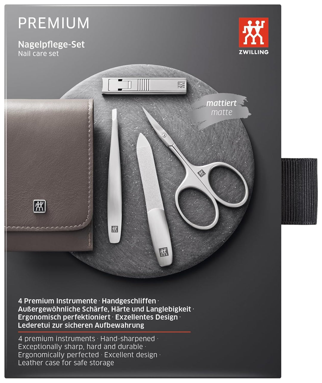 ZWILLING Maniküreset 4-teilig Nagelpflegeset aus Rindleder mit Reissverschluss, Premium, Taupe, 4-Te