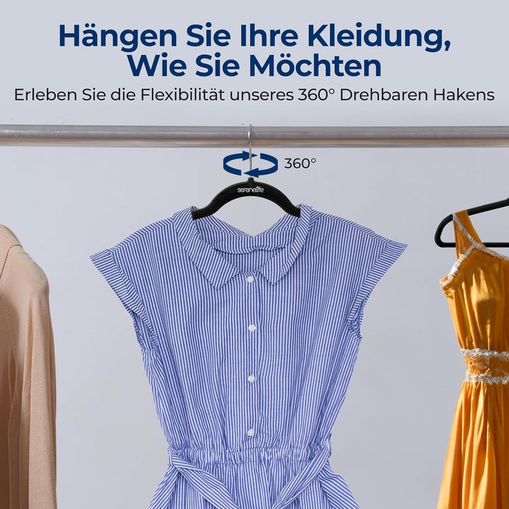 SereneLife 100 Kleiderbügel Schwarz &amp; Rutschfest– Kleiderbügel Samt &amp; Platzsparend mit drehbarem Hak