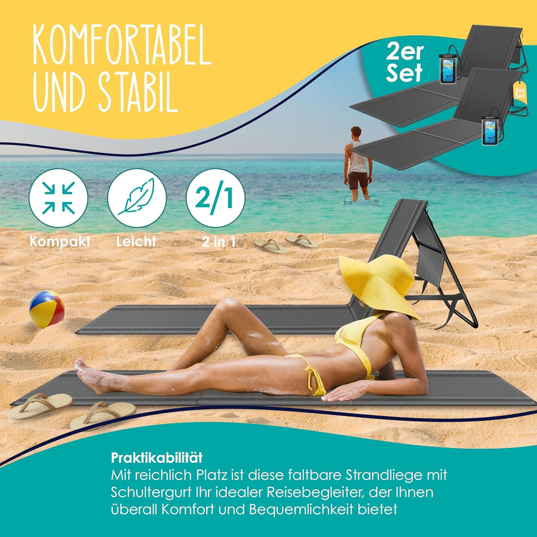 KESSER® 2er Set Strandmatte klappbar mit Verstellbarer Rückenlehne, Tragegurt, wasserdichter Tasche