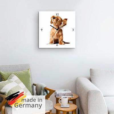 ARTLAND Wanduhr ohne Tickgeräusche Leinwand Quarzuhr 30x30 cm Quadratisch Lautlos Tiere Hund Welpe M