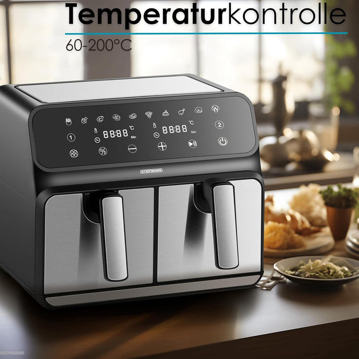 Heissluftfritteuse | 2 Kammern | Heissluftfritteuse | 4 in 1 Mini Backofen | Fritteuse | Dörrautomat