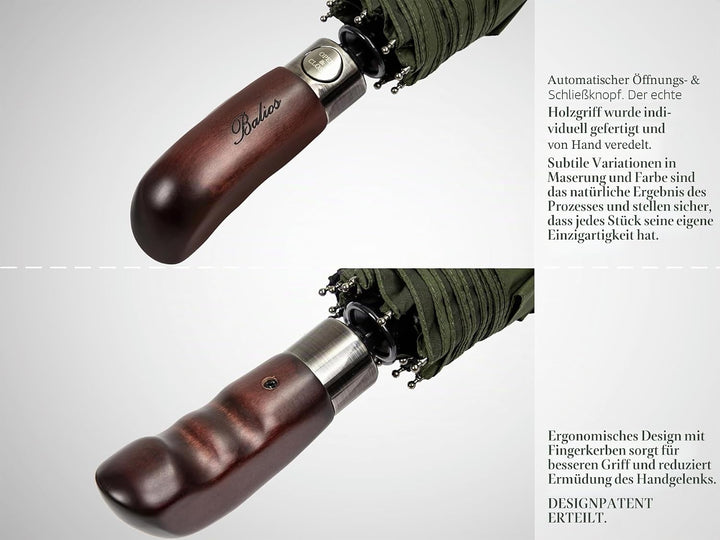 Balios® Regenschirm Mit Echtem Holzgriff -Optional | Auf Zu Automatik | Sturmfest & Windsicher | Tas