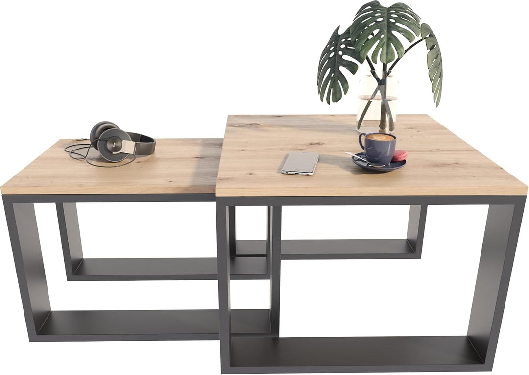 MATKAM Satztisch 2er Set, Couchtisch im Industrie-Stil, hoher Beistelltisch B60 x T60 x H43,3 cm, ni