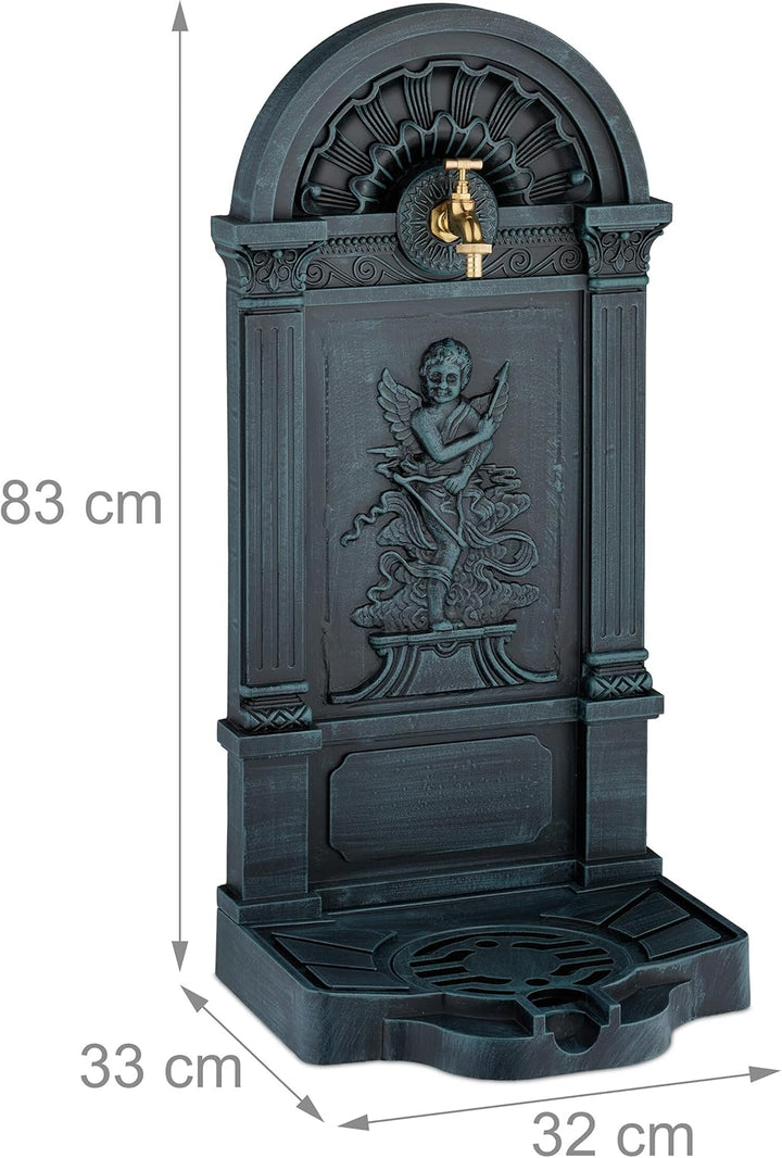 Relaxdays Standbrunnen, antik, Engel-Design, mit Wasserhahn & Becken, HxBxT: 83x39x33 cm, Zapfstelle