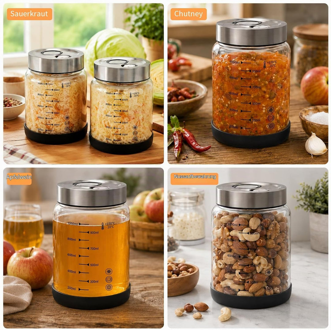 Diesisa 2 Stück 1L Borosilikatglas Fermentiergläser für Kimchi Sauerkraut | Fermentierglas mit Doppe