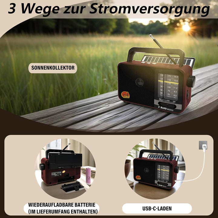 Bluetooth Radio Klein mit Solarzelle und 1200mAh-Batterie, AM/FM/SW Empfänger mit 8W Lautsprecher/TW
