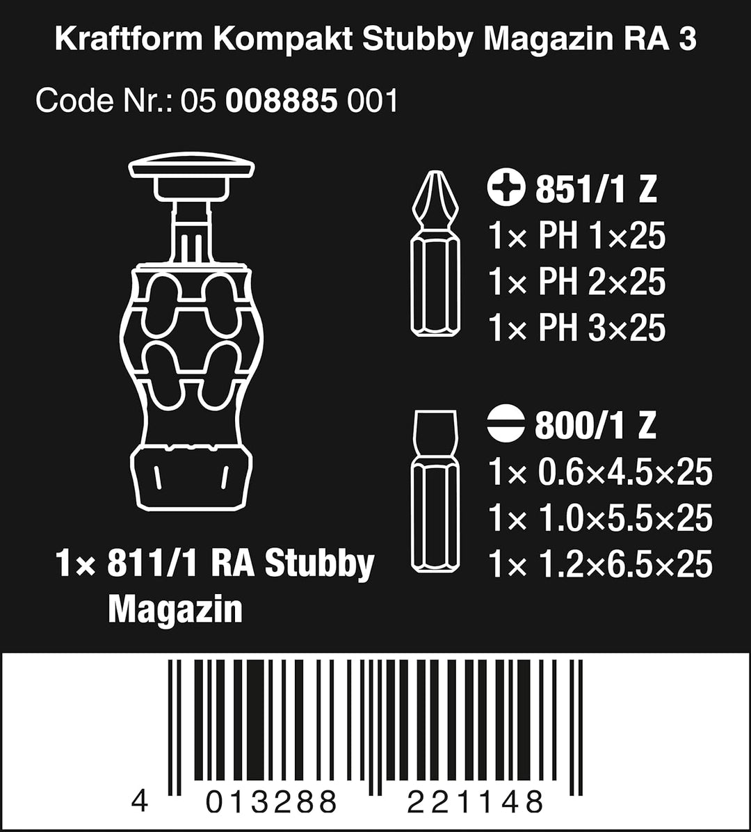 Wera 05008885001 Kraftform Kompakt Stubby Magazin RA 3, Stubby Ratschenschraubendreher mit Bit Magaz