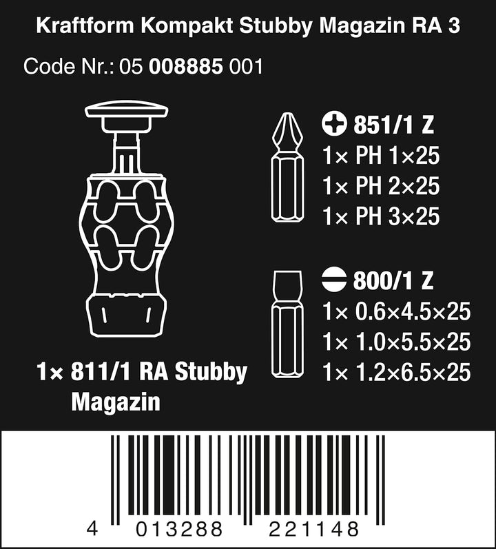 Wera 05008885001 Kraftform Kompakt Stubby Magazin RA 3, Stubby Ratschenschraubendreher mit Bit Magaz