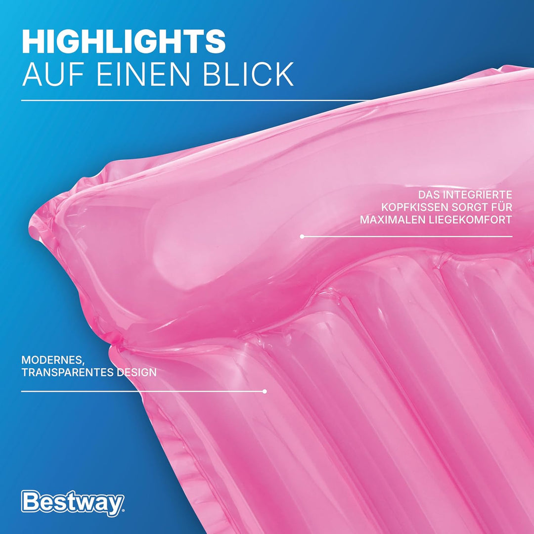 Bestway Luftmatratze Transparent, 183 x 76 cm, 1 Person, PVC, 2 Luftkammern, Integriertes Kopfkissen