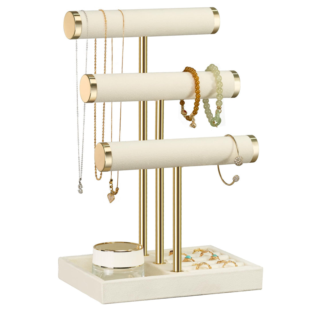Schmuck Organizer mit 3 Ebenen - Beige Schmuckständer Armbänder, Abnehmbarer T-Steg Schmuck Ständer,