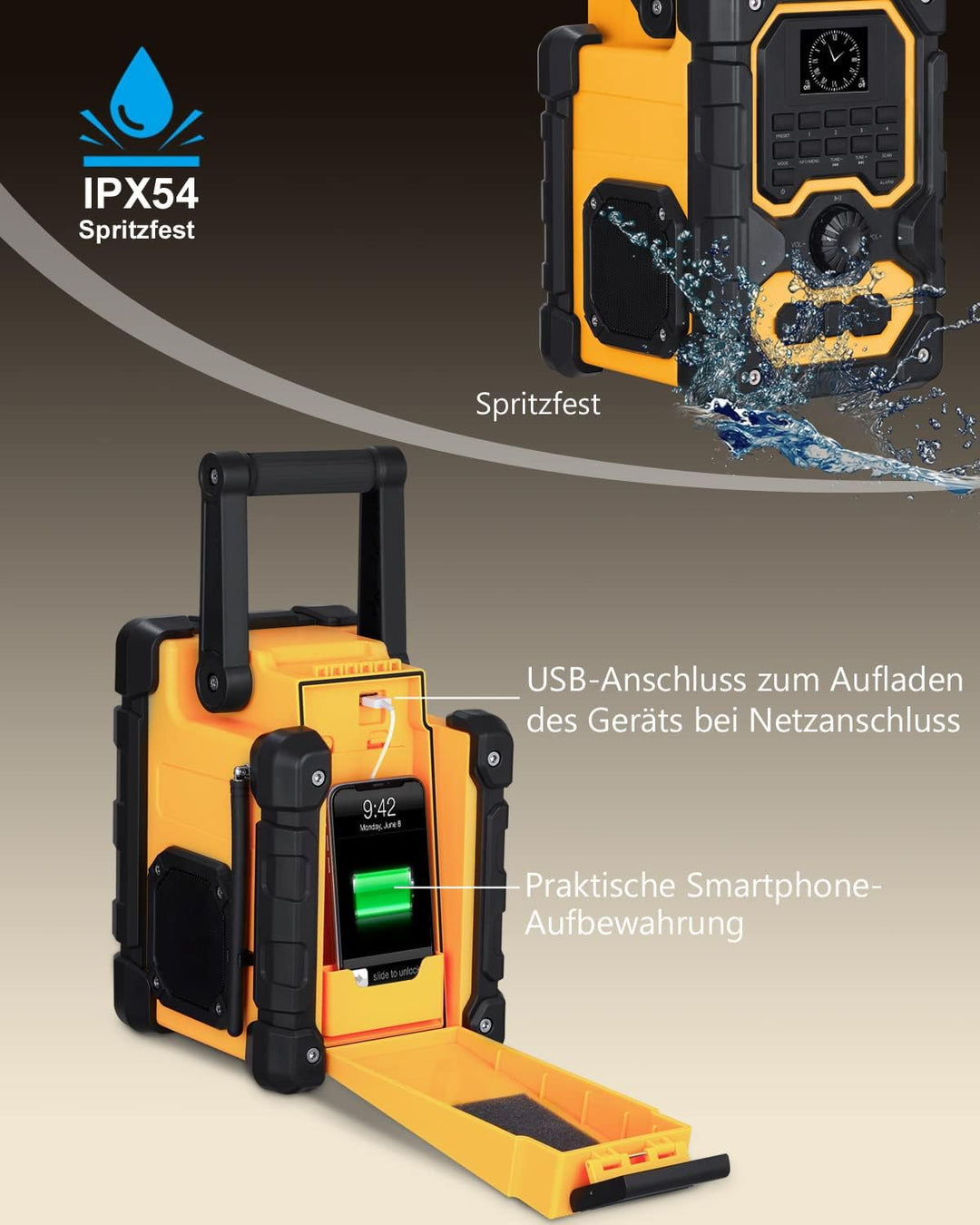 Baustellenradio Robustes DAB+ FM Radio mit Bluetooth, Ladestation, Aux Anschluss, Wiederaufladbarer