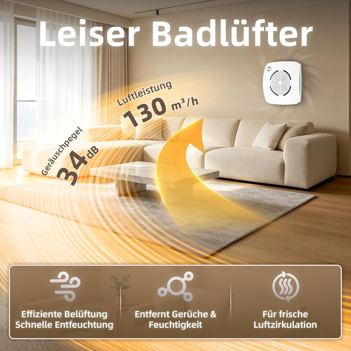 MOCINE Badlüfter 100 mm, 130 m³/h Badezimmer Abluftventilator, Weiss | 50% PC+ABS, Doppelkugellager,