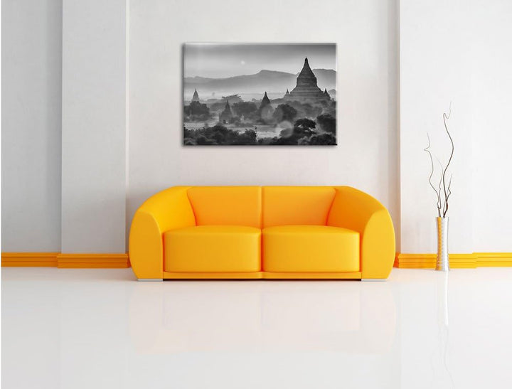 Pixxprint Monocrome, Buddha Tempel im Sonnenuntergang, Format: 100x70 auf Leinwand, 100x70