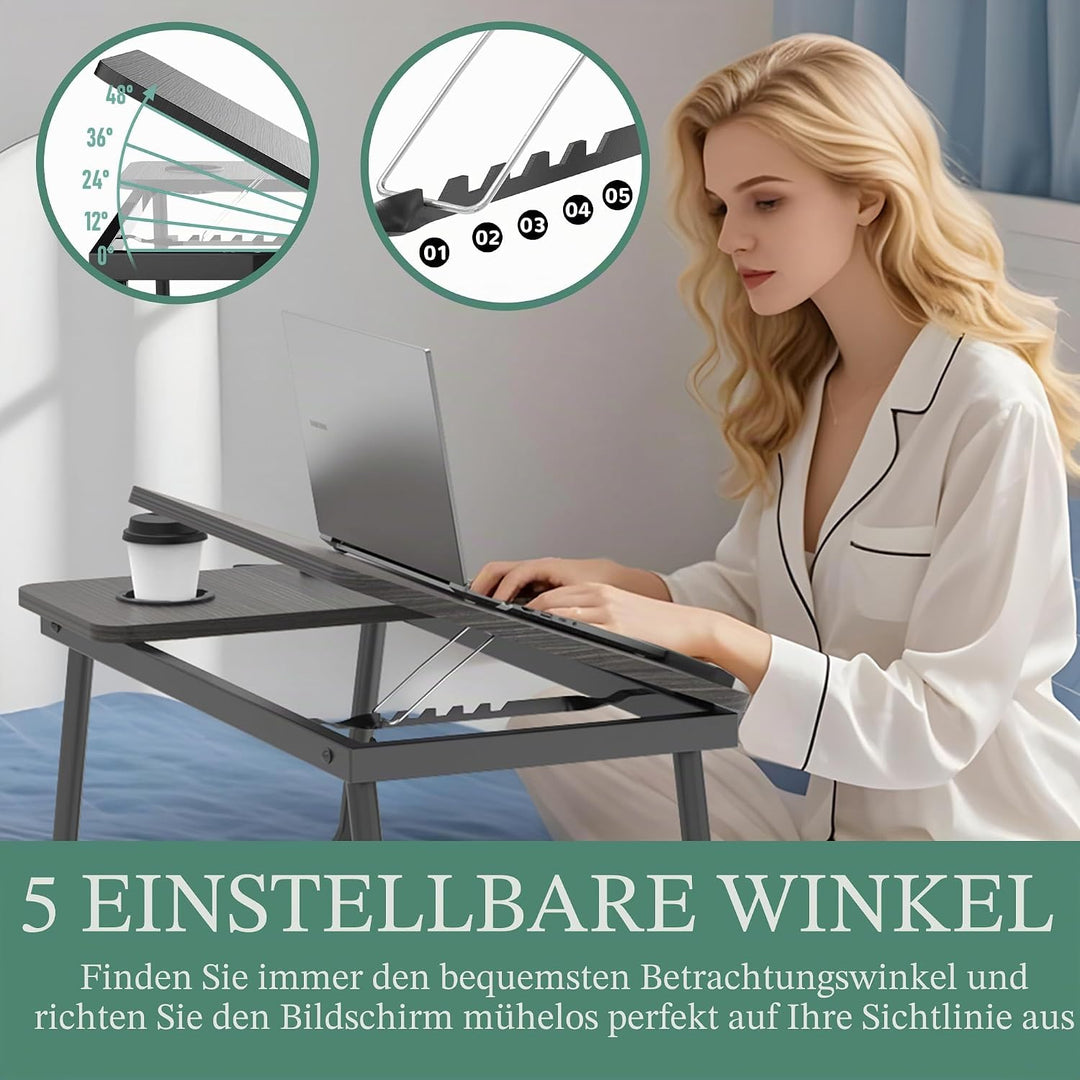 Soontrans Laptoptisch 63x27x33CM, Laptop Tisch mit Winkelverstellbar und Cup Slot, MDF, Betttisch mi