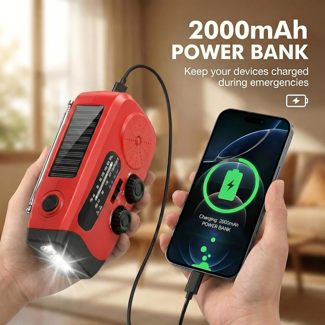 Notfall Radio, 2000mAh Akku Kurbelradio,SOS-Alarm, AM/FM Radio, 3LED Taschenlampe - Tragbares Emerge