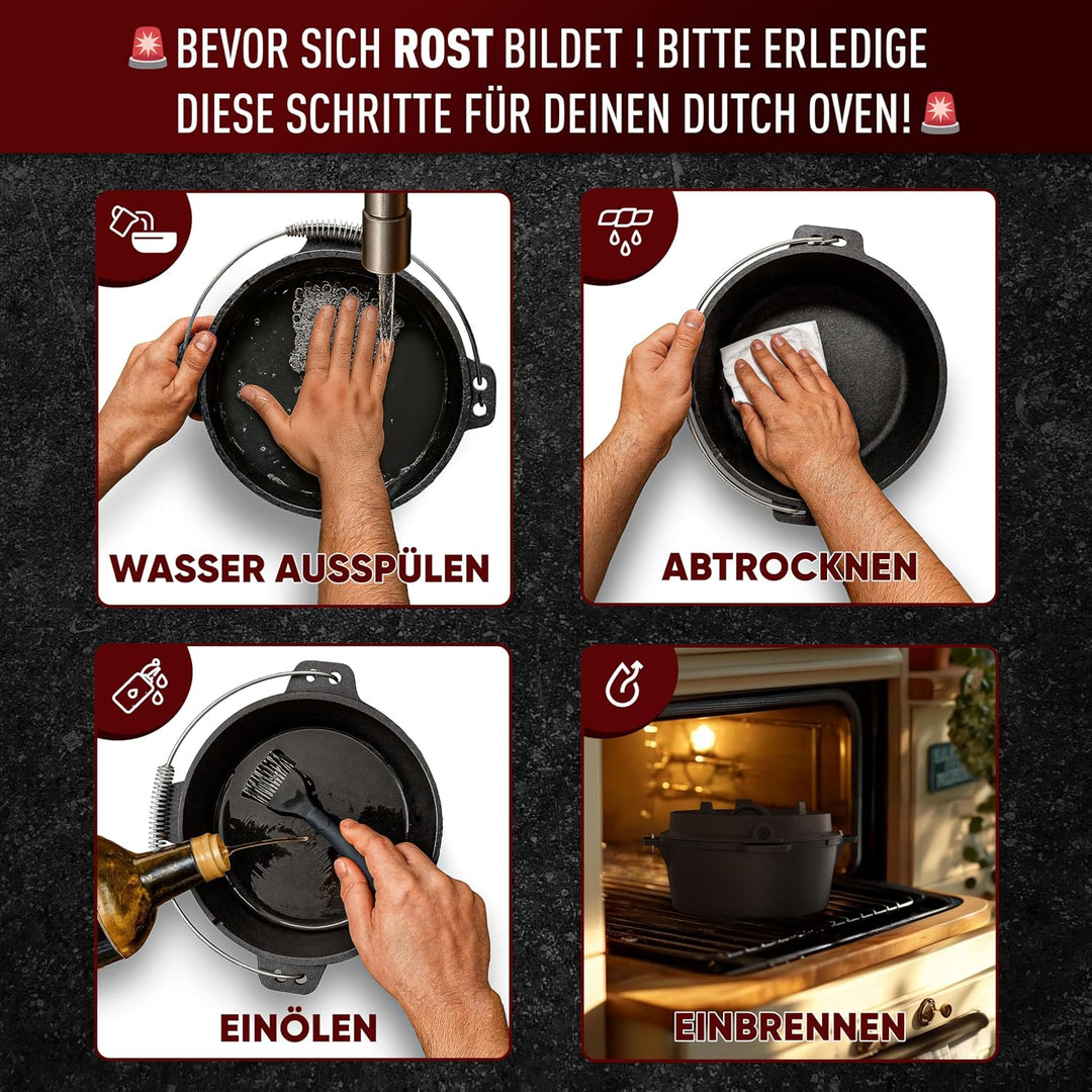 GUSSKÖNIG Dutch Oven Set–Eingebrannter Dutch Oven 7L [3-6 Person]-Feuertopf Gusseisen mit Füsse–Schm