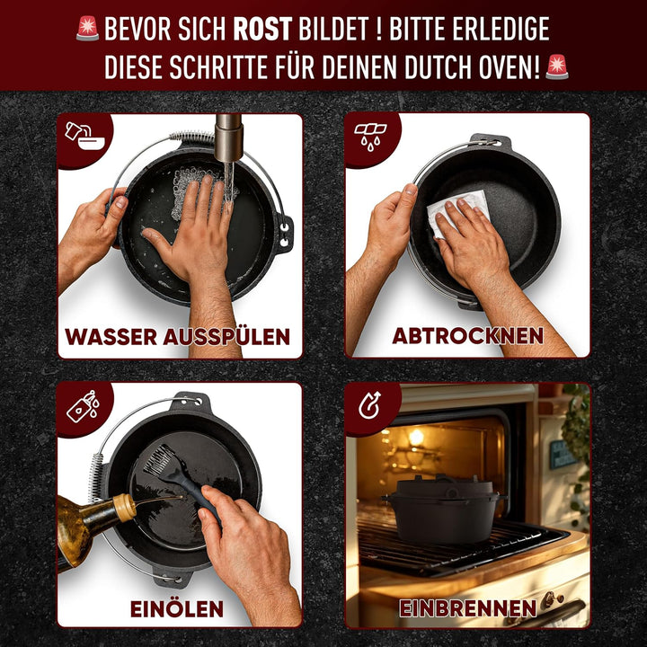 Dutch Oven Set–Eingebrannter Dutch Oven 7L [3-6 Person]–Feuertopf Gusseisen ohne Füsse–Schmortopf Do