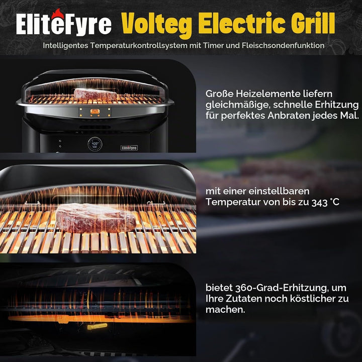 Volteq Smart Elektrogrill, 343°C Profi-Hitze in 20 Min, Tischgrill mit Fleischsonde &amp; LED-Display, 1