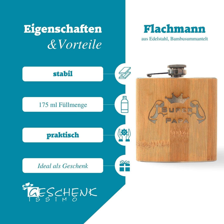 Flachmann mit Spruch Super Papa - Geschenk zum Vatertag, Geburtstag, Weihnachten, Schnapsgeschenk fü