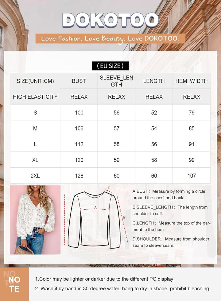 Dokotoo Damen Strickjacke V-Ausschnitt Kurzer Cardigan Elegant Langarm Leichter Strickpullover mit K